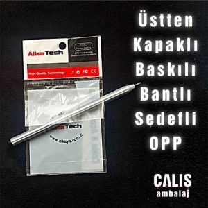 Alka Tech firma baskılı üstten kapaklı bantlı opp ambalaj. Poşetin üst kısmında askı deliği mevcut.