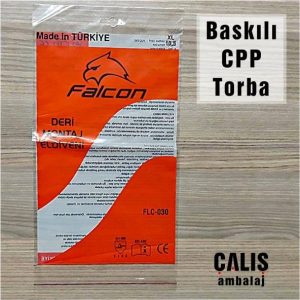 "Falcon DERİ MONTAJ ELDİVENİ" baskılı CPP poşet. Torbanın bir tarafında askı delik diğer tarafında bant mevcut.