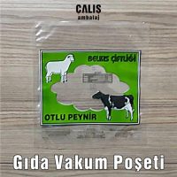 BELKIS ÇİFTLİĞİ firma baskılı gıda vakum poşeti. Şeffaf üzerine beyaz, yeşil ve kırmızı 3 renk baskılı.