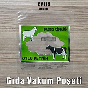 BELKIS ÇİFTLİĞİ firma baskılı gıda vakum poşeti. Şeffaf üzerine beyaz, yeşil ve kırmızı 3 renk baskılı.