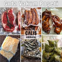 Et, balık, sosis, makarna ve balık paketlemesi yapılmış şeffaf gıda vakum torbaları.