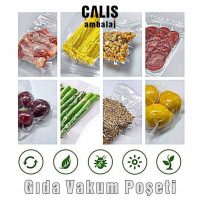 Tavuk, mısır, sucuk, kiraz, kuruyemiş, limon gibi gıda ürünlerinin paketlendiği gıda vakum torbaları. Şeffaf PA/PE torbaların tamamının paketleme sonrası havası alınmıştır.