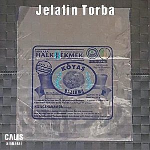 KÖYAŞ BAZLAMA firma baskılı bantsız jelatin torba. Şeffaf üzerine 2 renk baskı mevcut.