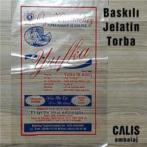 Fotoğrafta, bir masa üzerinde şeffaf bir jelatin poşet içinde bir yufka paketi görülmektedir. Poşetin üzerinde "Baskılı Jelatin Torba" yazısı ve "Çalış Ambalaj" logosu bulunmaktadır.
