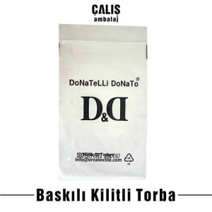 DoNaTeLLi DoNaTo marka baskılı kilitli poşet. Ön ve arka yüzeyde tek renk siyah baskı uygulanmıştır.
