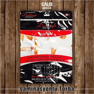 Dabbagh firma baskılı katmanlı laminasyon torba. Torbanın üst kısmında meksika şapka askı deliği mevcut.