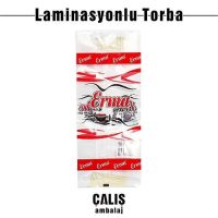 ERMA baskılı laminasyonlu siyah çay poşeti. Şeffaf torba üzerinde beyaz, kırmızı ve siyah olarak 3 renk baskı var.