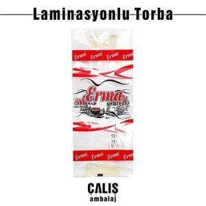 ERMA baskılı laminasyonlu siyah çay poşeti. Şeffaf torba üzerinde beyaz, kırmızı ve siyah olarak 3 renk baskı var.