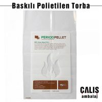 PERIODPELLET firma baskılı pe şeffaf naylon poşet. Şeffaf üzerine beyaz, yeşil ve kahverengi olarak 3 renk baskılı. Baskılı torbada alttan tek dikişli kesim mevcut.