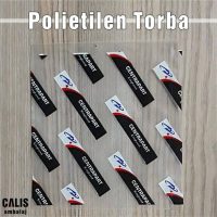 Şeffaf zemin üzerine CENTRAPART firma baskılı torba. Poşet üzerinde beyaz, mavi, kırmızı ve siyah olmak üzere 4 renk baskı var.