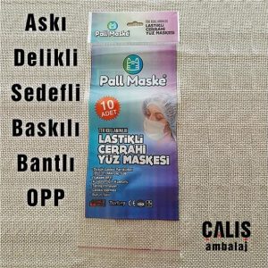 'Pall Maske' firma baskılı askı delikli bantlı OPP torba. Şeffaf ambalaj üzerine 6 renk fotoğraf baskı mevcut.