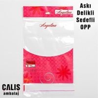 'Angelina underwear' marka baskılı askı delikli sedefli bantlı opp torba. Şeffaf poşet üzerine beyaz, pembe ve kırmızı 3 renk baskı mevcut.