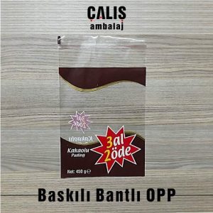 Şeffaf üzerine 4 renk baskılı 'Kakaolu Puding' ambalajı. OPP torba üzerinde açılır kapanır bant mevcut.