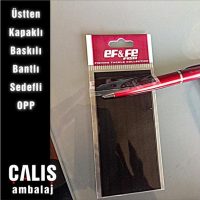 EF&FE firma baskılı üstten kapaklı baskılı bantlı sedefli OPP torba. Şeffaf torba üzerinde kırmızı ve siyah 2 renk baskı var.