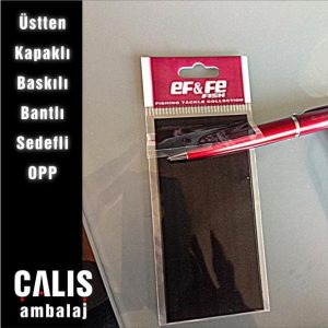 EF&FE firma baskılı üstten kapaklı baskılı bantlı sedefli OPP torba. Şeffaf torba üzerinde kırmızı ve siyah 2 renk baskı var.