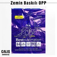 "Bestsublimation" firma baskılı ve bantlı OPP torba. Torba üzerinde mavi, beyaz ve sarı olmak üzere 3 renkli zeminli baskı mevcut.