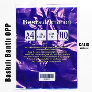 "Bestsublimation" firması için hazırladığımız baskılı ve bantlı OPP torba. Torba üzerinde mavi zemin yanı sıra beyaz ve sarı renkli baskı mevcut.