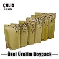 Altı adet özel üretim baskılı doypack ambalaj. Krem renk üzerine kahverengi desenli.