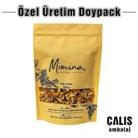 Mimina marka baskılı kilitli doypack ambalaj. Krem renk üzerine siyah renk baskılı.