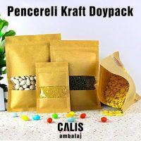 Dört adet Kraft PEncereli Doypack Torba. Her birinin içinde sırasıyla kuruyemiş, bulgur, yeşil mercimek ve kabak çekirdeği var.