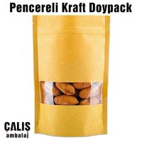 Kraft pencereli Doypack içinde kuruyemiş var.
