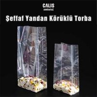 Gıda paketlemesine uygun Kare Tabanlı Şeffaf Yandan Körüklü OPP Torba. Torbanın kaynakları körük üzerinde.