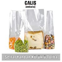 Çeşitli ebatlarda şeffaf yandan körüklü OPP torbalar. Tek kat 40 mikron kalınlığında ve gıdaya uygun.